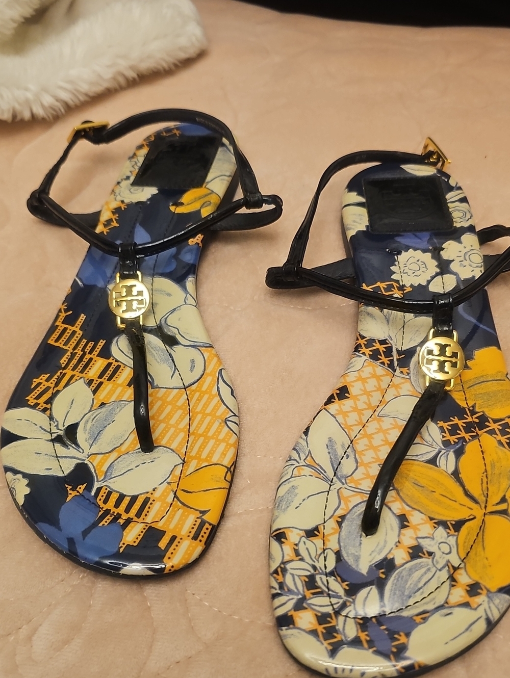 Tory Burch Black Strap Floral Navy and Yellow T-Strap Sandals